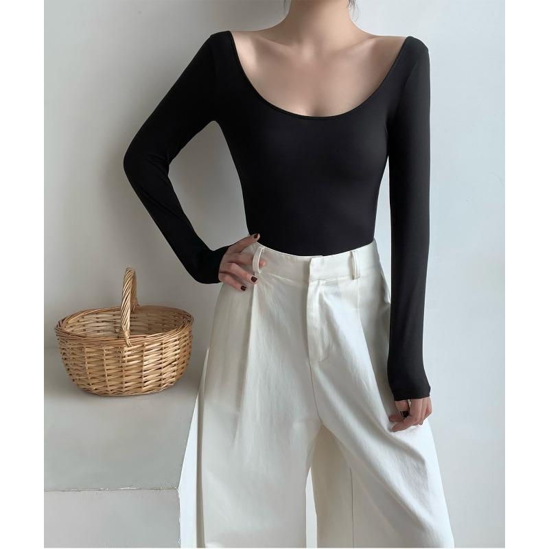 Damen Rundhals Unterziehshirt, Kaschmir-Protein-Gewebe, bequem und atmungsaktiv, figurbetont und dünn, langärmlig, hautfreundlich und warm, einfaches Oberteil