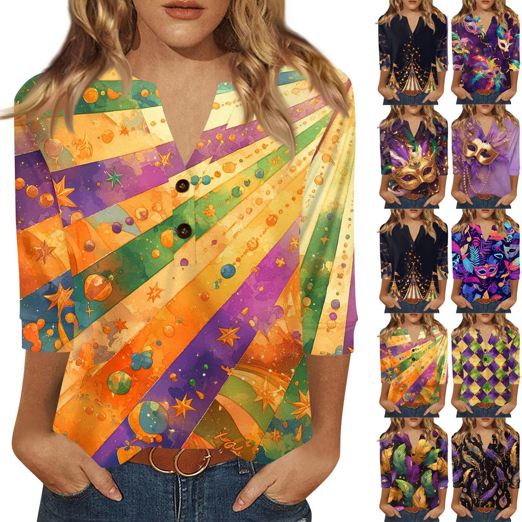 Women's Carnival Printed Fashionable Casual V-neck Button Seven Inch Sleeve T-shirt Top