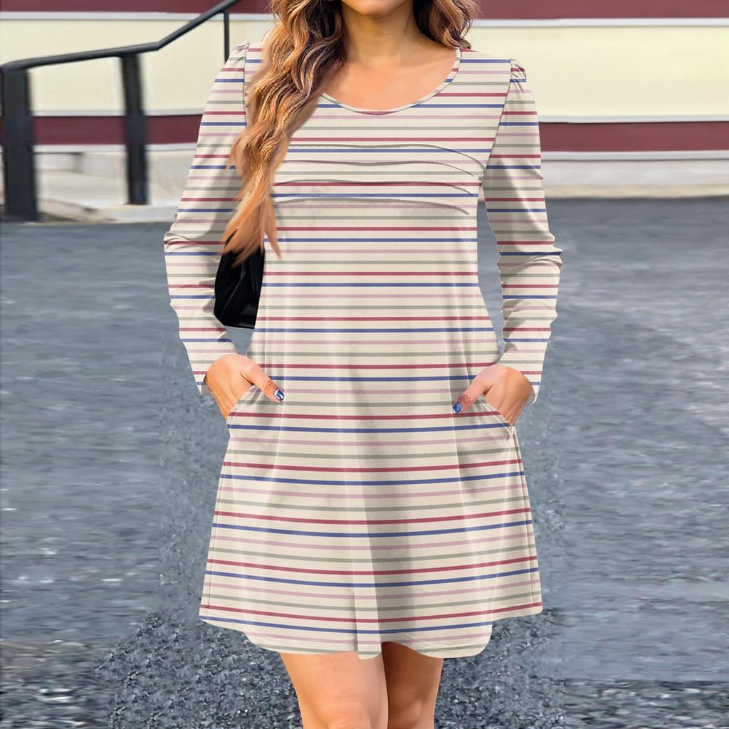 Damen Langarmkleid Herbst Freizeit T-Shirt Lockere Passform Plissiertes Vorderteil Kleider mit Taschen
