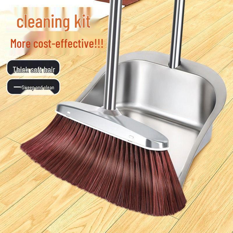 Stainless Steel Dustpan and Broom Set - Two-Piece Household Cleaning Set