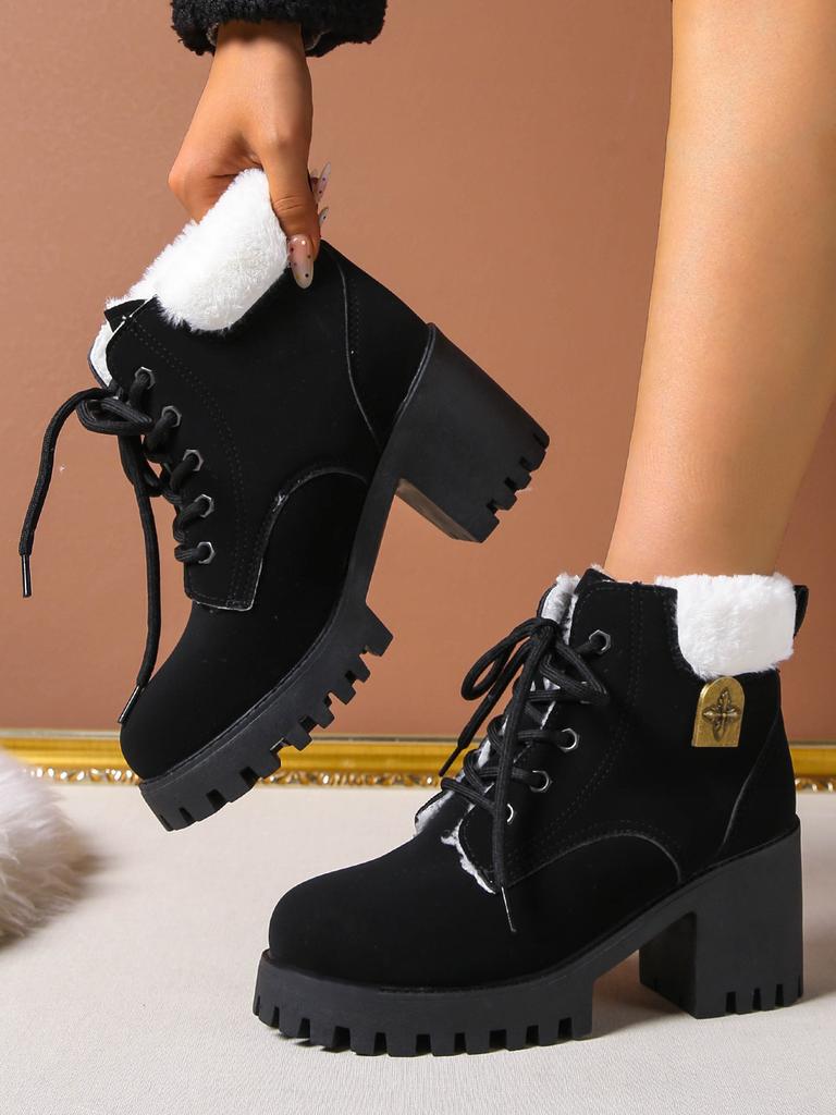 Women's Wide Width Platform Snow Boots - Chunky Heel Lace-Up Winter Boots with Plush Lining, Fashion Insulated Martin Boots