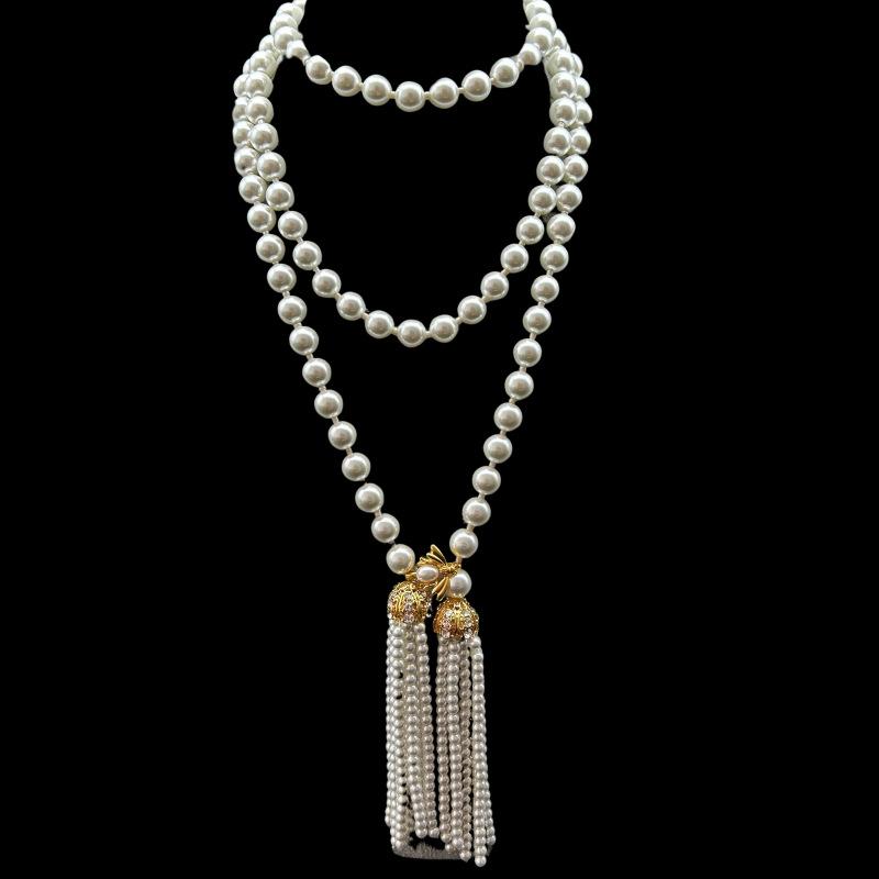 Vintage French Pearl Tassel High-end Temperament Elegant Bee Buckle Necklace Sweater Chain Waist