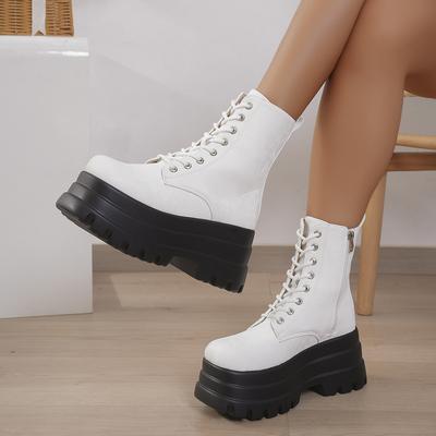Modische, bedruckte Gothic-Plateau-Motorradstiefel – neue Herbst-Winter-Schuhe, Punk-Schnürstiefel mit dicker Sohle, große Größen