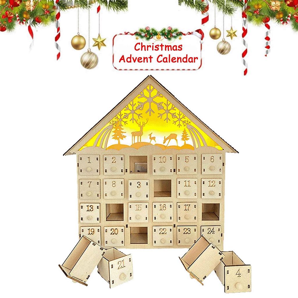 Wood Christmas Advent Calendars House LED Lights 24 Days Countdown Storage Organization Figurines Room Home Christmas Decoration
