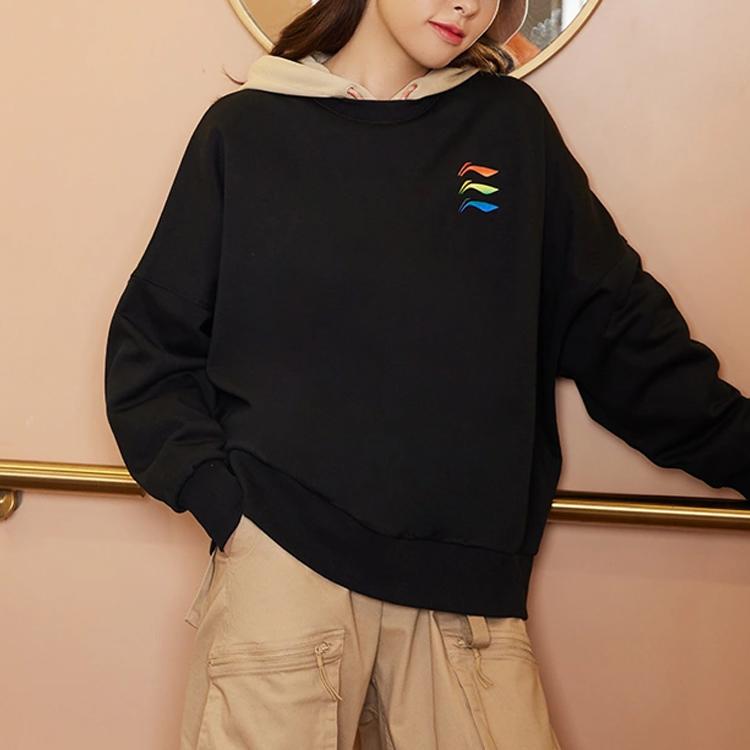 Li Ning Sports Lifestyle Series Logo Embroidered Fleece Loose Round Neck Pullover Sweatshirt Women Sweatshirt Black AWDRF42-2