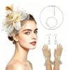 Vintage Bridal Hair Accessories Set Kentucky Derby Feather Headband Gloves Necklace Floral Bow Mesh Wedding