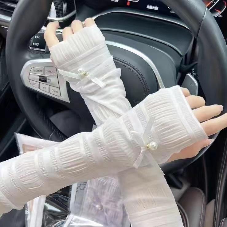 

Женские летние рукава из ледяного шелка с защитой от солнца и жемчужным кружевом белый