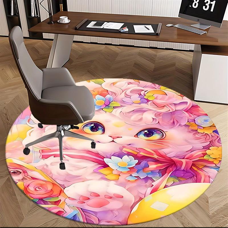 1pc Anime Design Flower Cat Round Carpet Office Chair Mat, Non Slip Rug for Home Decor, Living Room, Bedroom, Game Room, Festival Gift