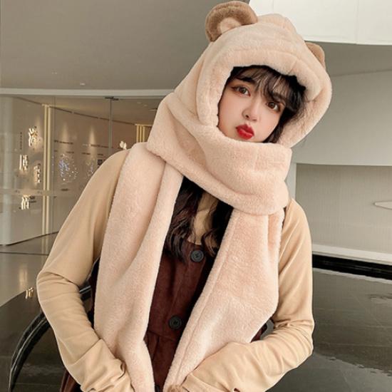 3 в 1 Женская шапка-ушанка, шапка, шарф, перчатки, набор, милые ушки, пушистый, меховой, теплый, зимний