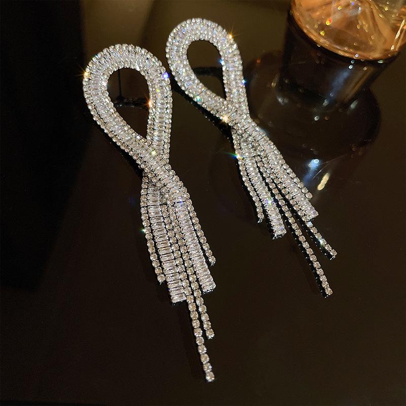 2025 Light Luxury Silver Needle Diamond Flower Tassel Earrings - Elegant European & American Style for Women