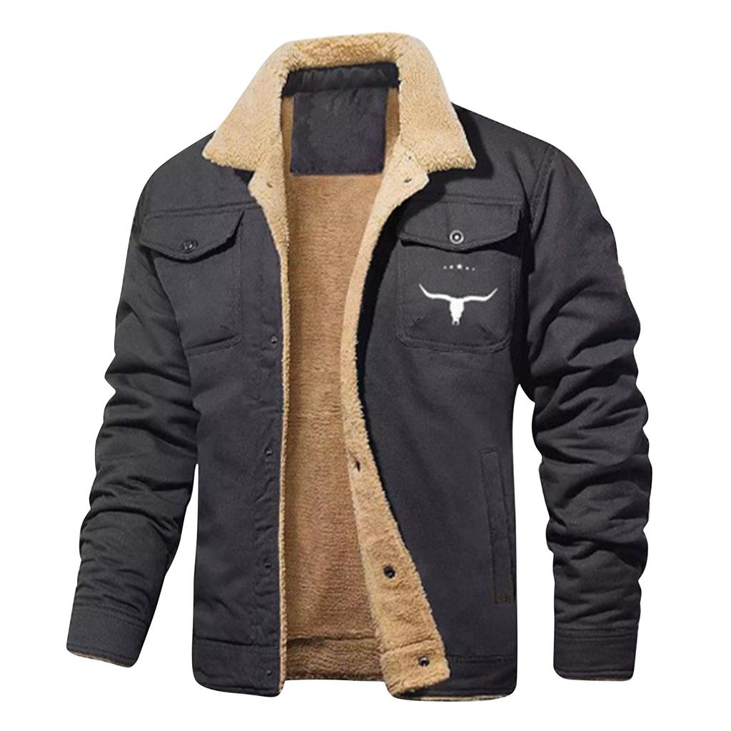 Men's Solid Color Button Pocket Work Jacket Men's Casual Plush Coat