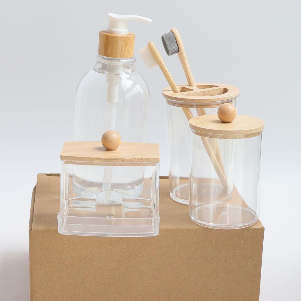 4-Piece Bathroom Set: Transparent Press-Down Soap Bottle, Toothbrush Holder, Bamboo Lid Cotton Swab Box, and Acrylic Cotton Ball Jar