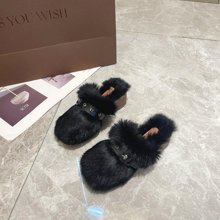 Large size thick high-heeled fluffy slippers women's autumn and winter new plush thickened fluffy slippers