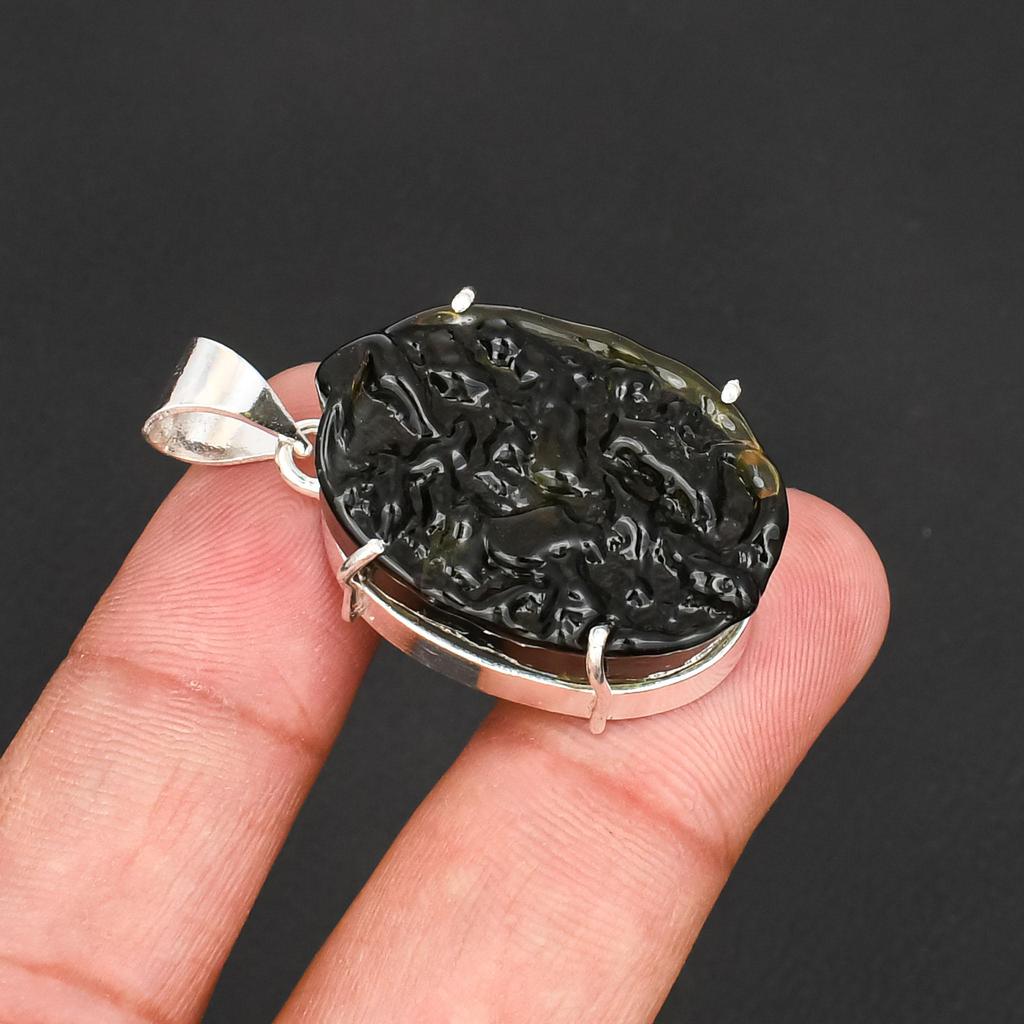 Rare Moldavite Gemstone Pendant Handcrafted Textured Stone Charm 925 Sterling Silver Plated Jewelry for Men & Women