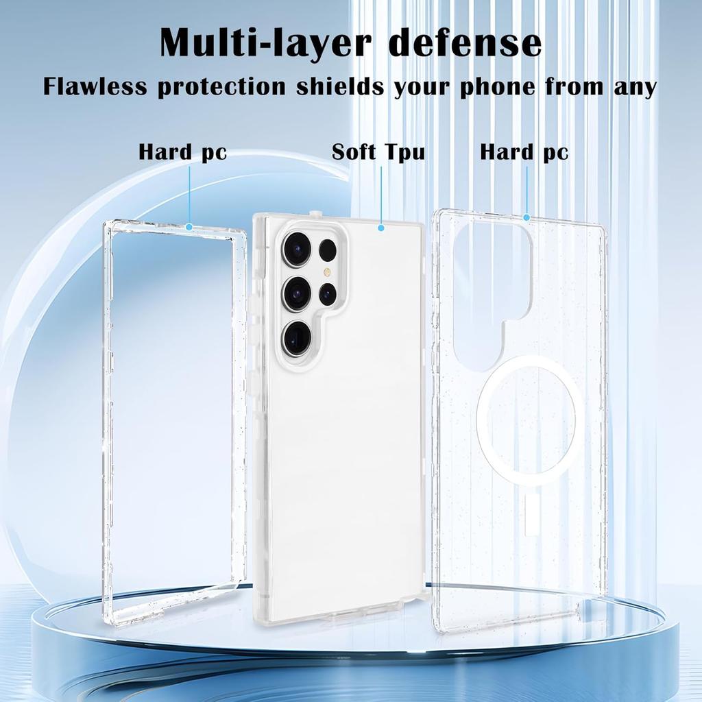 For Samsung Galaxy S23 Ultra Magnetic Case, Luxury Sparkle Bling Glitter Clear Case for Women Girls Men Full Body Drop Protection Bumper Shockproof