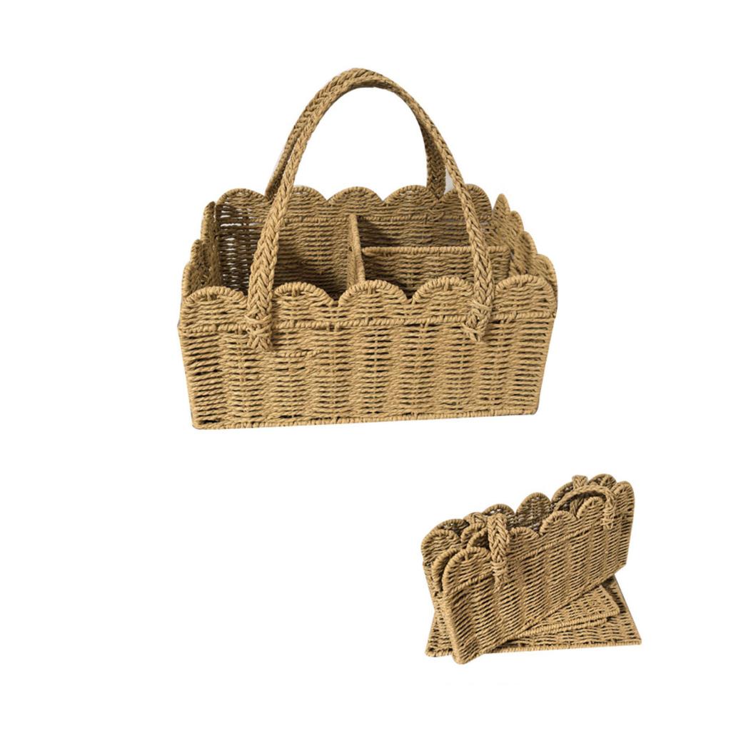 Foldable, Hand-Woven Paper Storage Basket With Scalloped Rim And Handles