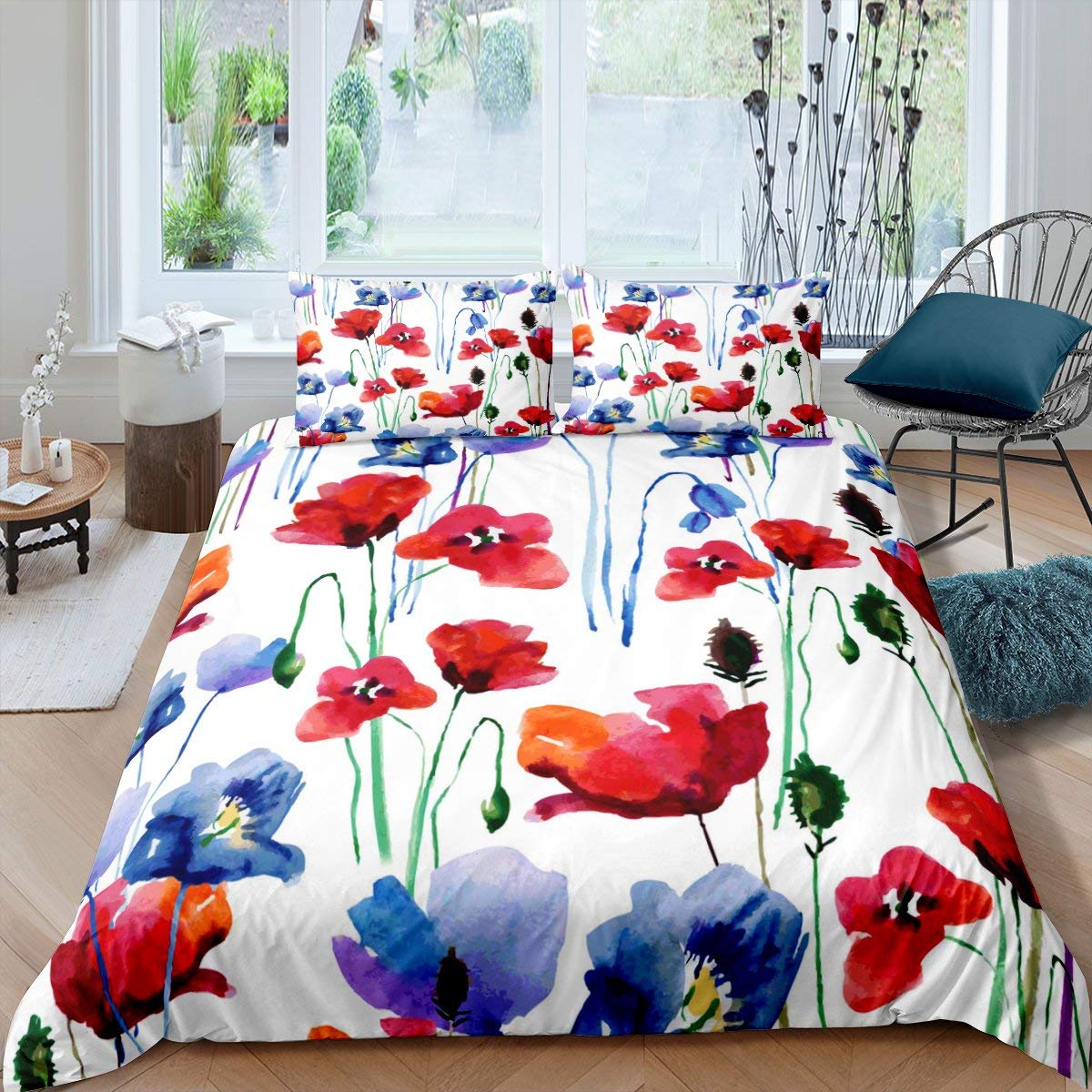 

Квітковий підодіяльник Квіти маку Яскраві пелюстки Бутони Пасторальна чистота Природний дизайн Декоративна постільна білизна Червоно-зелений для дорослих жінок 140x210cm 2pcs