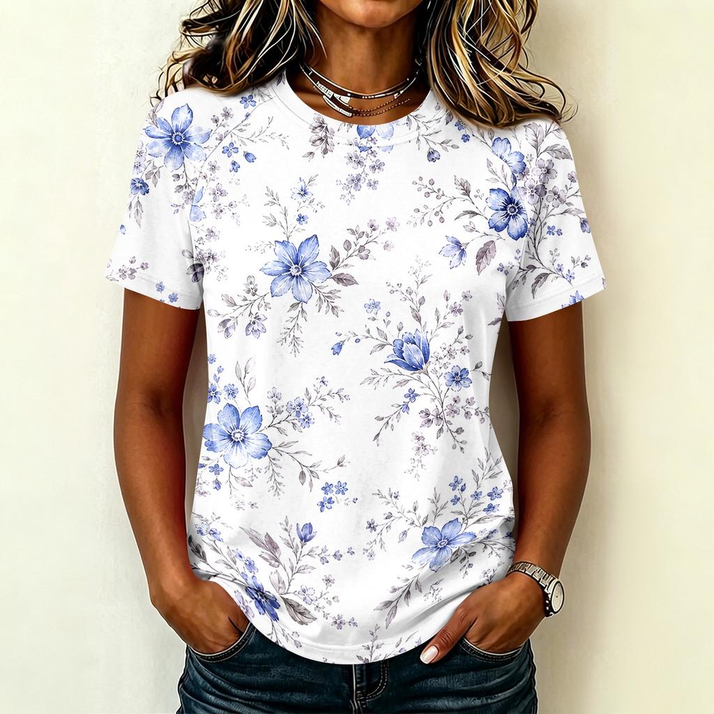 Women's Casual Raglan Sleeve Crew Neck Floral Print Short Sleeve Top Lightweight Comfortable Fit Soft Fabric