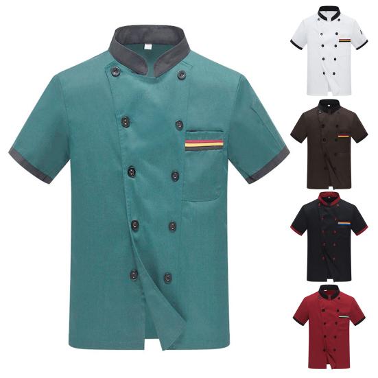 Veste de chef unisexe, couleur assortie, double boutonnage, manches courtes, col montant, uniforme de service alimentaire, chemise de chef, haut de serveur pour la cuisine