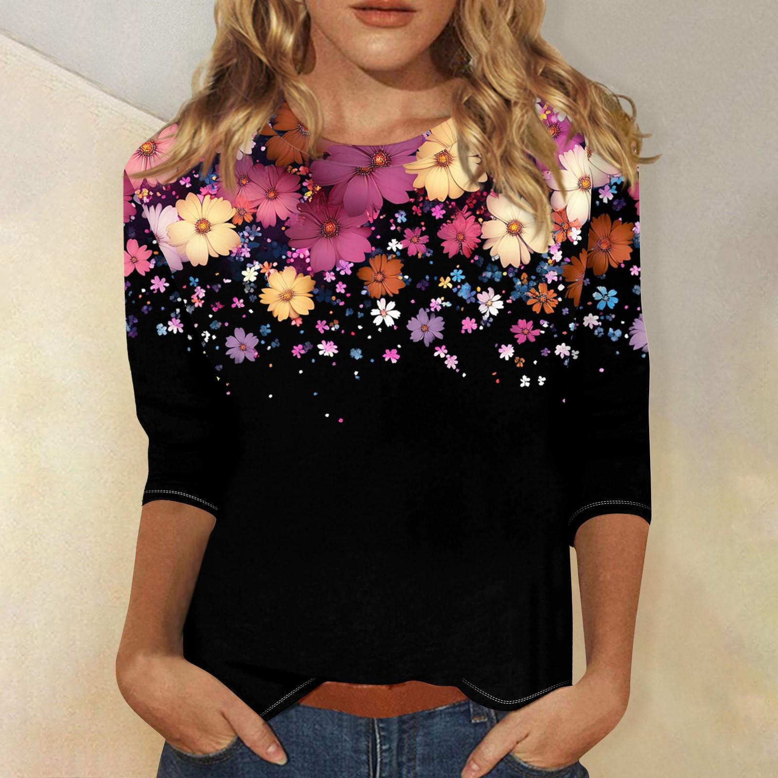 

Жіночий модний повсякденний топ із вінтажним вирізом із квітковим принтом і рукавом три чверті XXXL рожевий