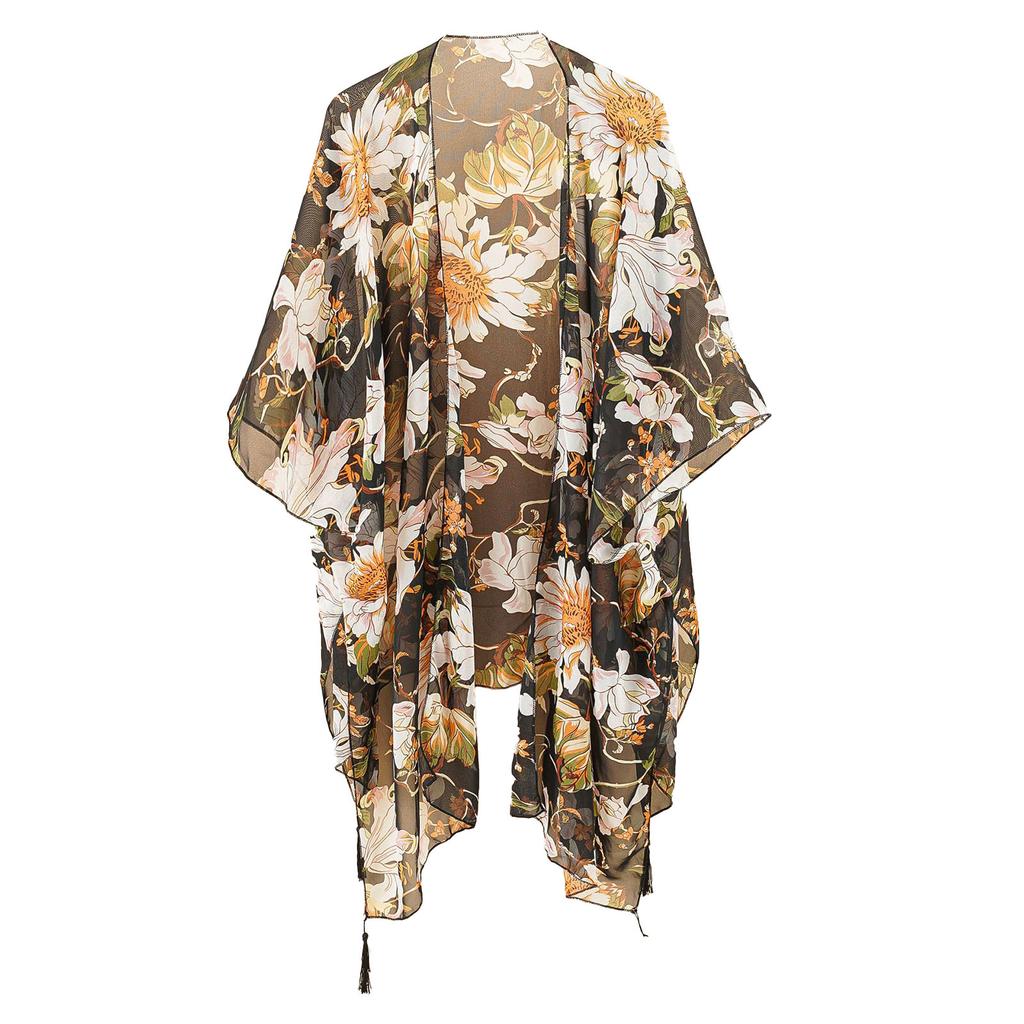 Beach Swimwear Cover Up Chiffon One Size Black Tassel Floral Print Swim Cover Up for Water Park Vacation