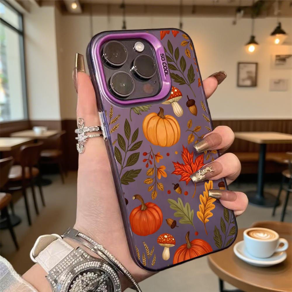 Autumn Pattern Pumpkins Leaves Hard Phone Case for Iphone 16 15 14 13 12 11Pro Max Mini Shockproof Anti-Scratch Protective Cover