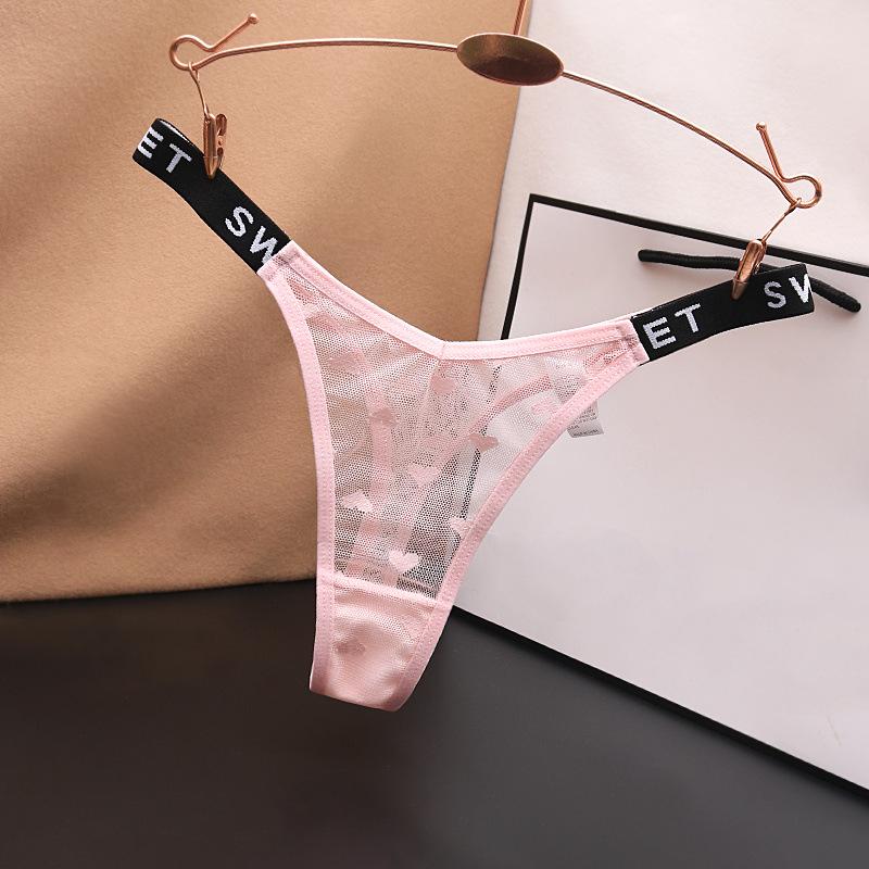 Plus Size Low Waist Mesh Thong with Letter Detail