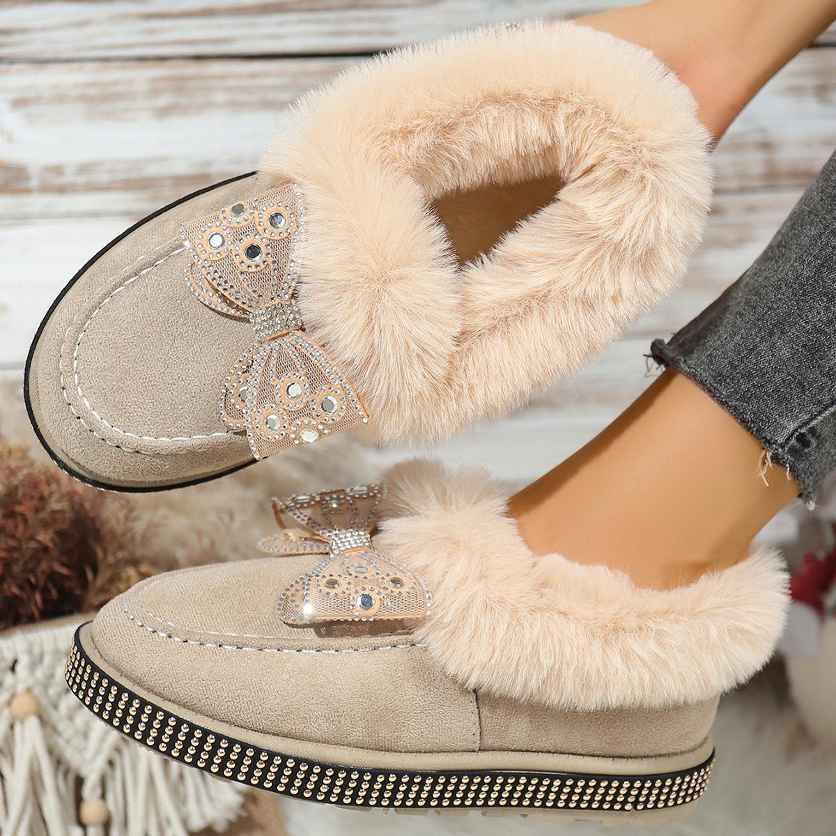

Fashion Fashion Design Bowknot Furry Snow Boots Women 2025 Winter Luxury Glitter Faux Fur Ankle Boots Warm Short Plush Slip On Booties 40 бежевый