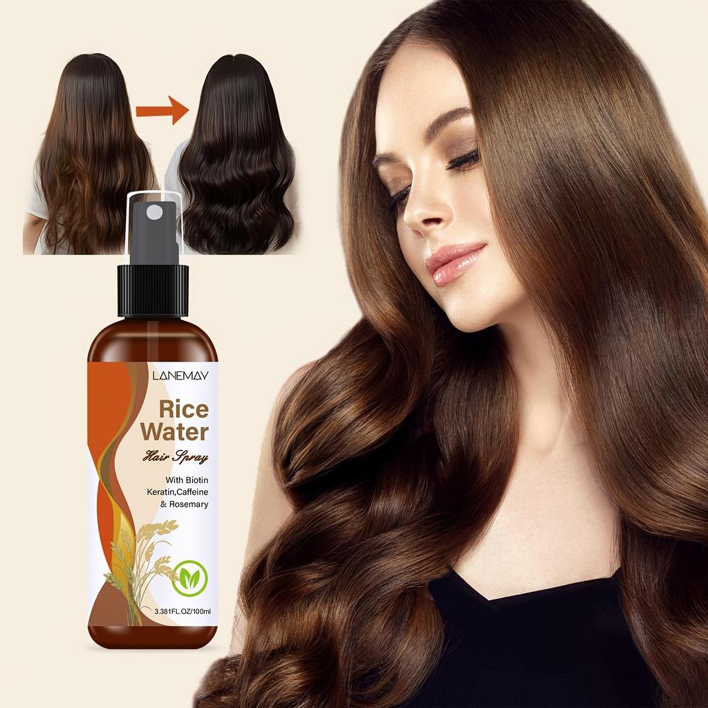 Spray de Păr cu Apă de Orez - cu Biotină, Keratină, Cafeină și Rozmarin, Netezește Părul și Reduce Încurcăturile, Protecție Termică și Adaugă Strălucire Părului