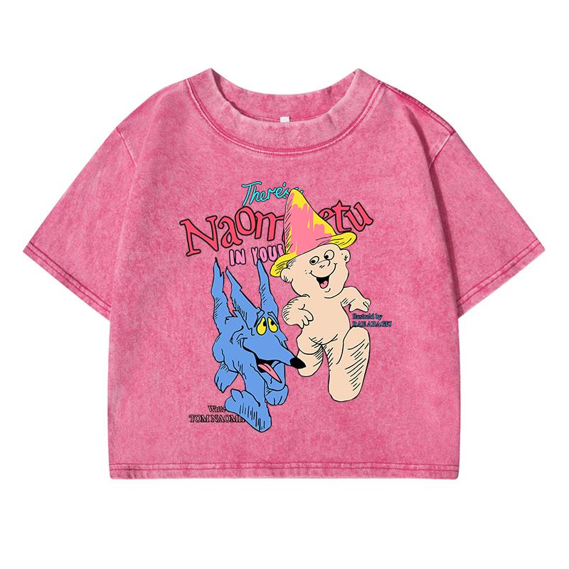 Pet Dinosaur American Printing Women Washed Short T-Shirt Soft  Street Distress T Shirts Breathable Midriff-Baring Tshirt