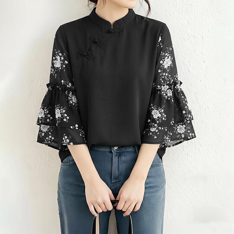 ZANZEA Women Casual Stand Collar Loose Print Splice 3/4 Sleeve Blouse