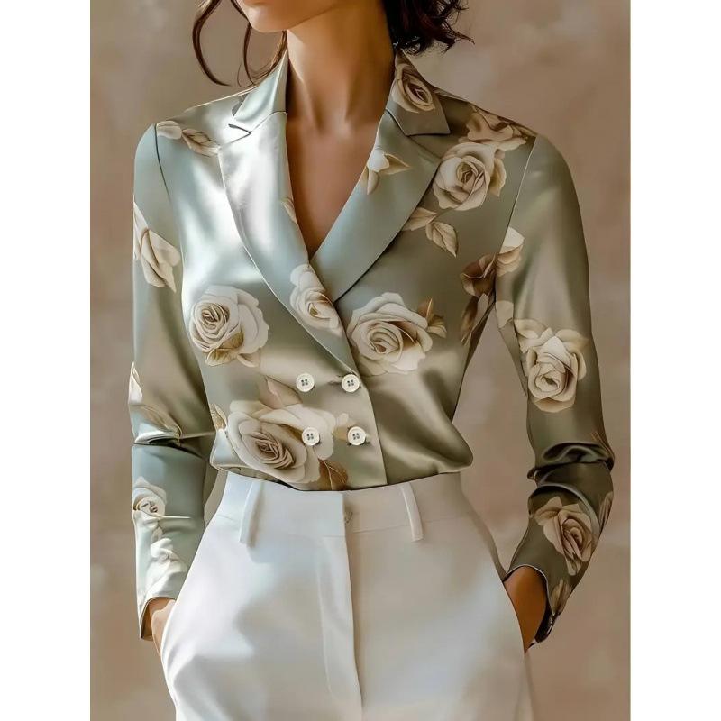 Новая Мода Цветочный Принт Двубортная Рубашка с Длинным Рукавом Женская Мода Повседневная Осень S