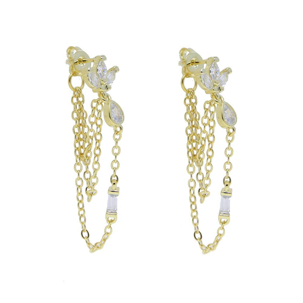 Romantic Women's Tassel Chain Stud Earrings Multi-Piercing Fashionable Brass Jewelry Tear Drop CZ Zircon Stone Triple Row Cross