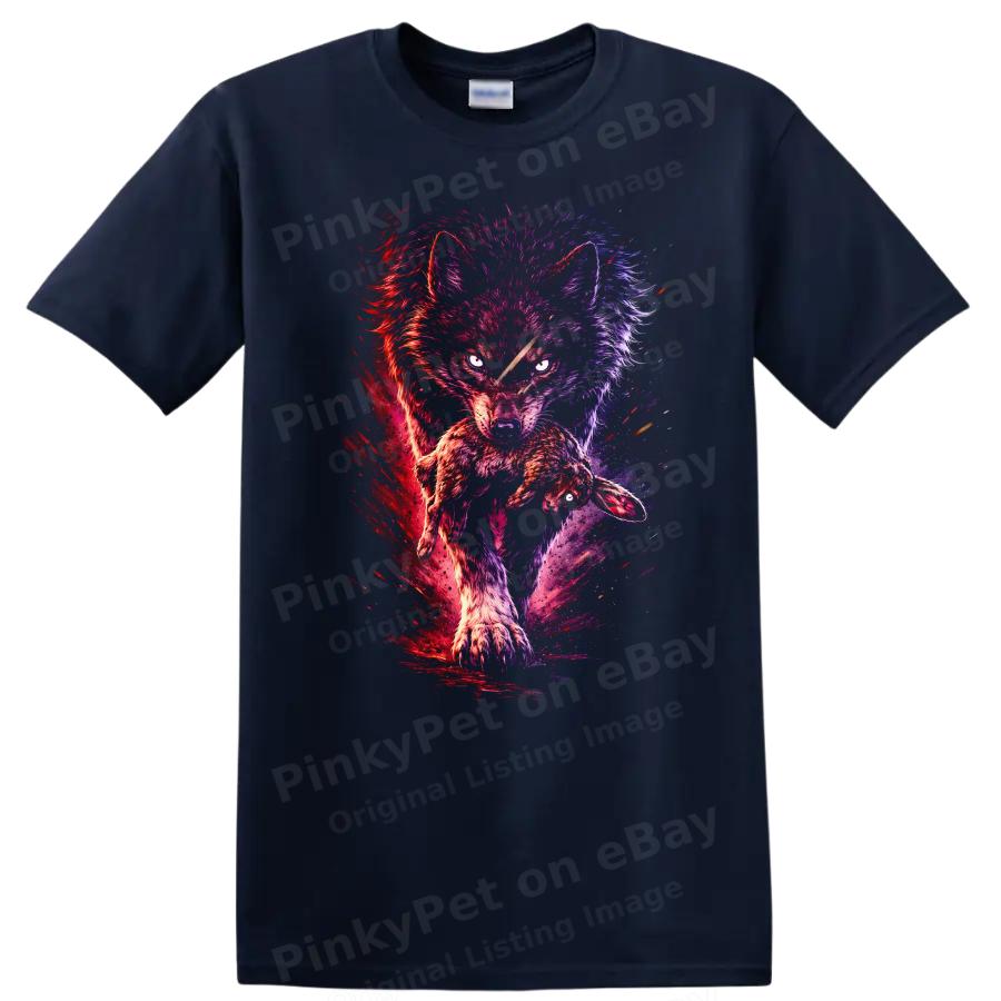 Wolf Carrying Rabbit Graphic T Shirt Animal Art Hunting Nature Tee