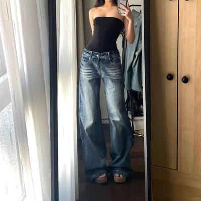 Blugi vintage Y2k, largi, cu picioare largi, pentru femei, spălați, casual, cu talie înaltă, pantaloni largi din denim, pantaloni evazați coreeni