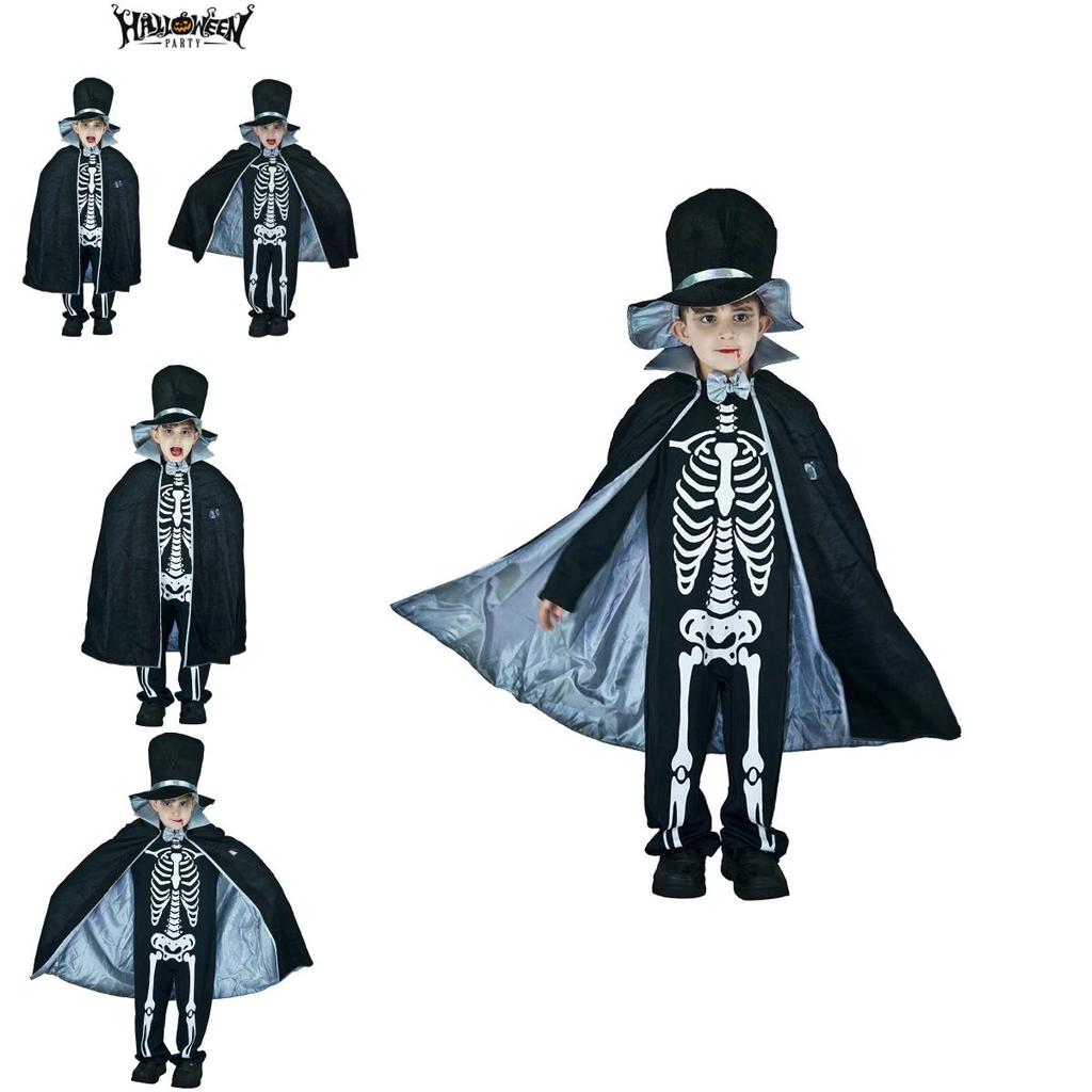 Kids Boy Skeleton Skull Ghost Cloak Halloween Cosplay Party Outfit Costume