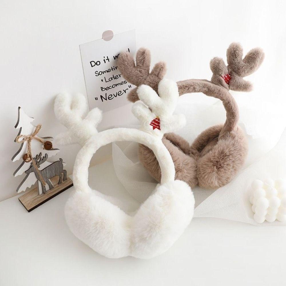 Fluffy Faux Fur Reindeer Antler Earmuffs Foldable Design Thermal Earmuffs  Winter Season