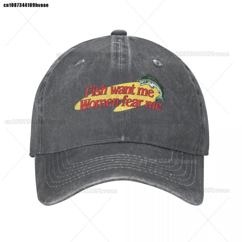 Fish Want Me Women Fear Me Baseball Cap Fashion Distressed Cotton Sun Cap Unisex Style Outdoor Summer Caps Hat