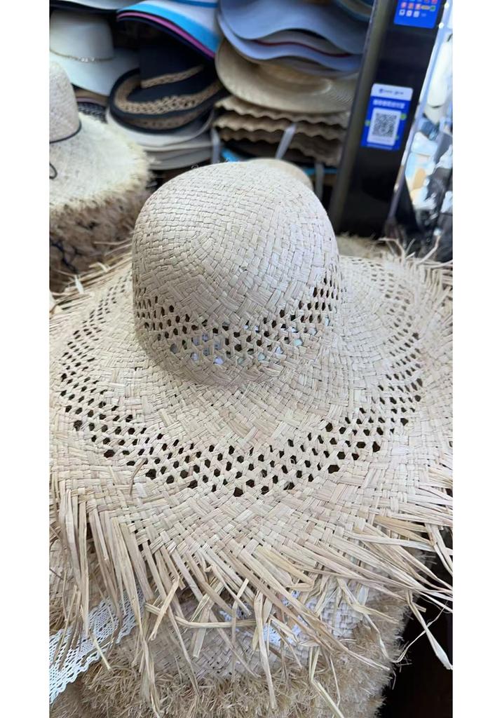 Spring and summer hollow woven big hair beard edge Lafite straw hat outdoor travel photo vacation sunshade beach big eaves hat