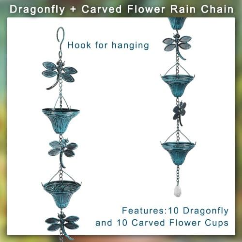 Vindar 2.6m Dragonfly Iron Retro Rain Chain for Gutters, Antique Sky Blue, 10 Flower Cups, 10 Dragonfly Decorative Rain Chain