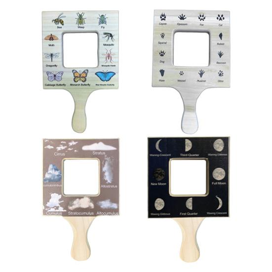 1/4Pcs Nature Guide Finder Wooden Nature Identification Guide Frame Boys Girls Nature Viewfinder Cloud Leaf Moon Animal Footprint Identification Tool
