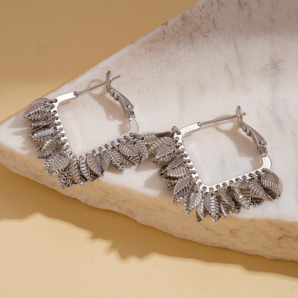 18K real gold electroplated geometric square leaf fringed silver needle earrings niche earrings