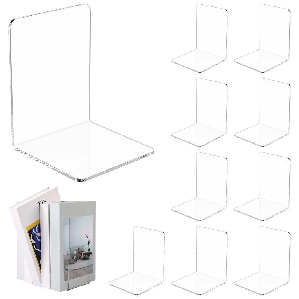 10Pcs L-Shaped Transparent Acrylic Bookends Desktop Book Holder Book Display Stand School Stationery Office Storage Accessories