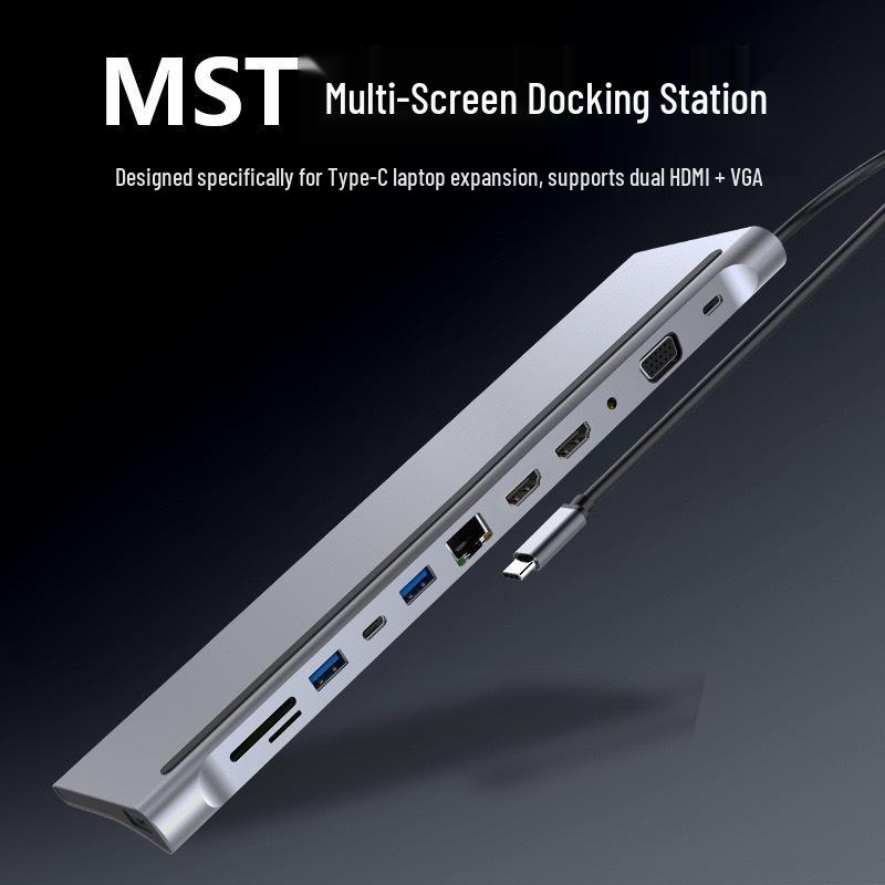 Twelve-in-One Dual HDMI Docking Station with Gigabit Ethernet and Multifunctional Laptop Stand