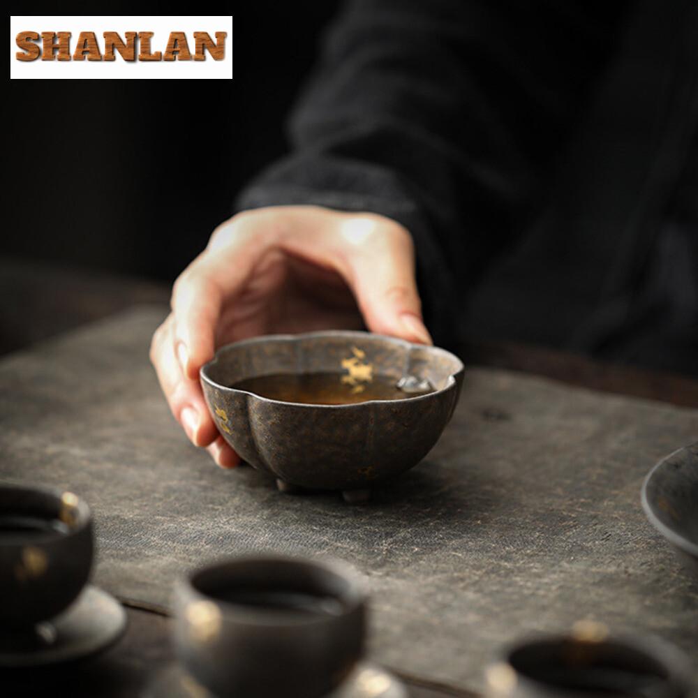 Handmade Gold Pointing Gilded Glazed Teacup Retro Ceramic Master Cup Tea Cushion Personal Single Tea Bowl Base Kung Fu Teaware