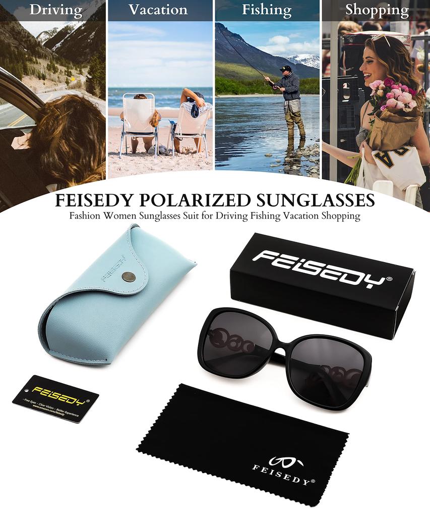 FEISEDY Polarized Pearl Sparkling Extra Large Fashion UV for B2821 Women's Sunglasses, Square, Frame, Designer, Protection, Sports, Fishing,