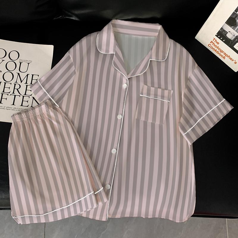 Striped High-End Ice Silk Pajamas Women'S Summer Short-Sleeved Cardigan Thin Suit Loungewear Can Be Worn Outside