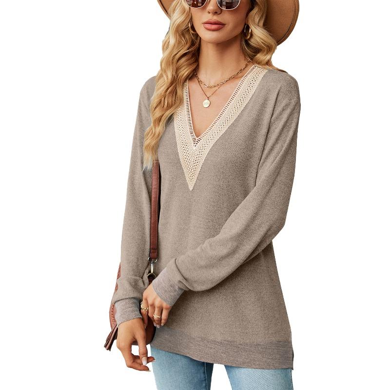 Herbst und Winter Spitzenkragen Kontrast Schlitz Locker Langarm Hemd Top für Damen