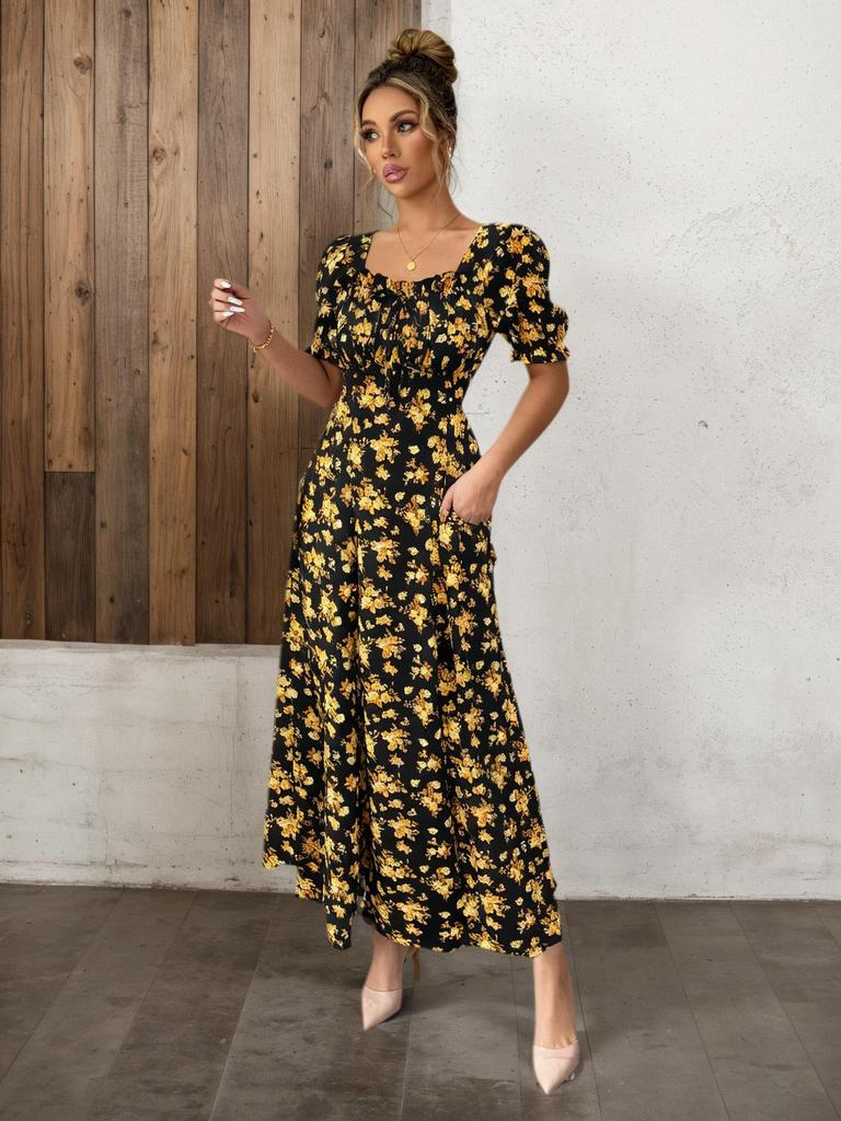 2026 Women's Summer Floral Print Puff Sleeve Square Neck Dress - French Style Holiday Tea Party Skirt