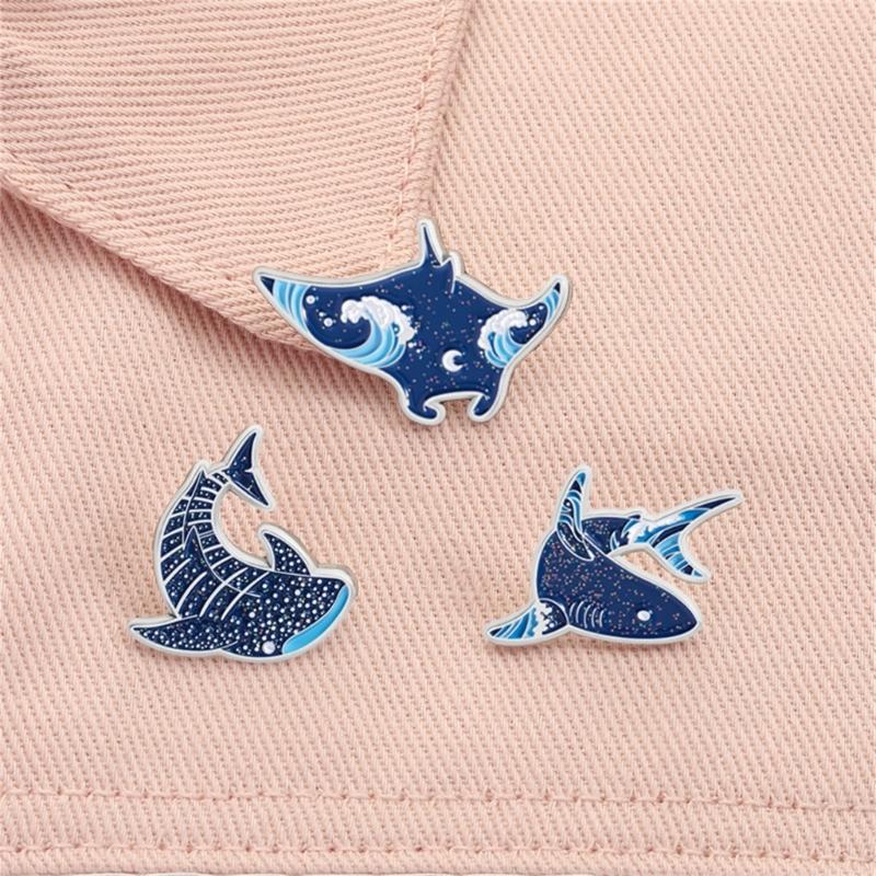 Cartoon Marine Animal Enamel Pins Glittering Dolphin Manta Ray Shark Brooch Alloy Lapel Jewelry Gift Accessories